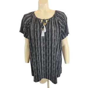Rafaella  Short Sleeve Blouse top  Black & White Striped Tassled Medium